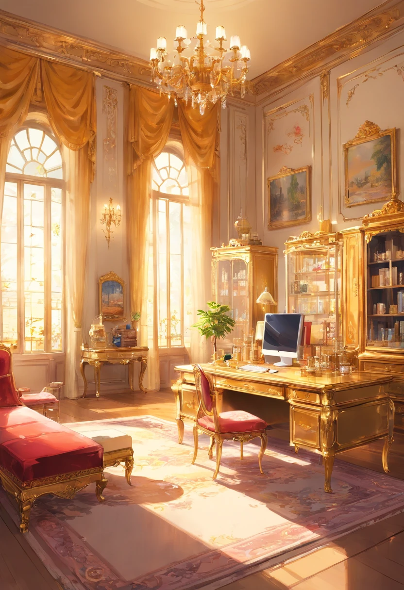 And now I felt a gentle push on my lower back, and a tug on my hand, as if the room itself was inviting me in. "Nope, meus sapatos..." started, but the push and pull became firmer and I found myself clumsily crossing the threshold, no veludo carmesim bordado. The furniture was as grand as the room itself., esculpido, golden and polished until it shined in the sunlight that came through the windows. Havia uma cama enorme sobre um estrado, dossel em ouro com uma colcha branca transparente; a maior penteadeira que eu poderia imaginar, covered with brushes and combs and cut glass bottles of perfumes and cosmetics; a desk so elegant I could barely imagine sitting at it; and rich golden velvet sofas and chairs spread throughout the room, para que eu pudesse sentar em quase qualquer lugar se tivesse vontade de repente. Eu dei outro passo para dentro da sala, my eyes wandering from the beautiful walls to the magnificent furniture and to the high ceiling with hanging crystal chandeliers - the room was so big it needed five of them.