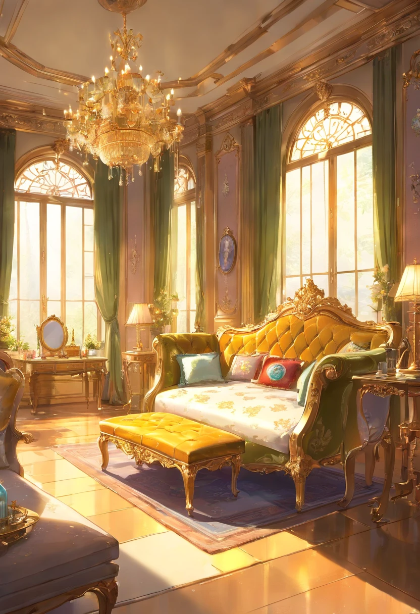And now I felt a gentle push on my lower back, and a tug on my hand, as if the room itself was inviting me in. "Nope, meus sapatos..." started, but the push and pull became firmer and I found myself clumsily crossing the threshold, no veludo carmesim bordado. The furniture was as grand as the room itself., esculpido, golden and polished until it shined in the sunlight that came through the windows. Havia uma cama enorme sobre um estrado, dossel em ouro com uma colcha branca transparente; a maior penteadeira que eu poderia imaginar, covered with brushes and combs and cut glass bottles of perfumes and cosmetics; a desk so elegant I could barely imagine sitting at it; and rich golden velvet sofas and chairs spread throughout the room, para que eu pudesse sentar em quase qualquer lugar se tivesse vontade de repente. Eu dei outro passo para dentro da sala, my eyes wandering from the beautiful walls to the magnificent furniture and to the high ceiling with hanging crystal chandeliers - the room was so big it needed five of them.