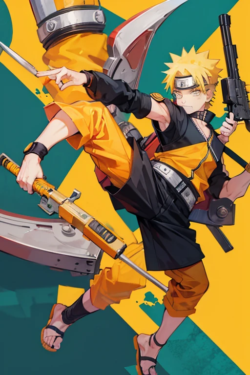 Naruto Uzumaki teniendo una ak 47 apuntando a bart Simpson 