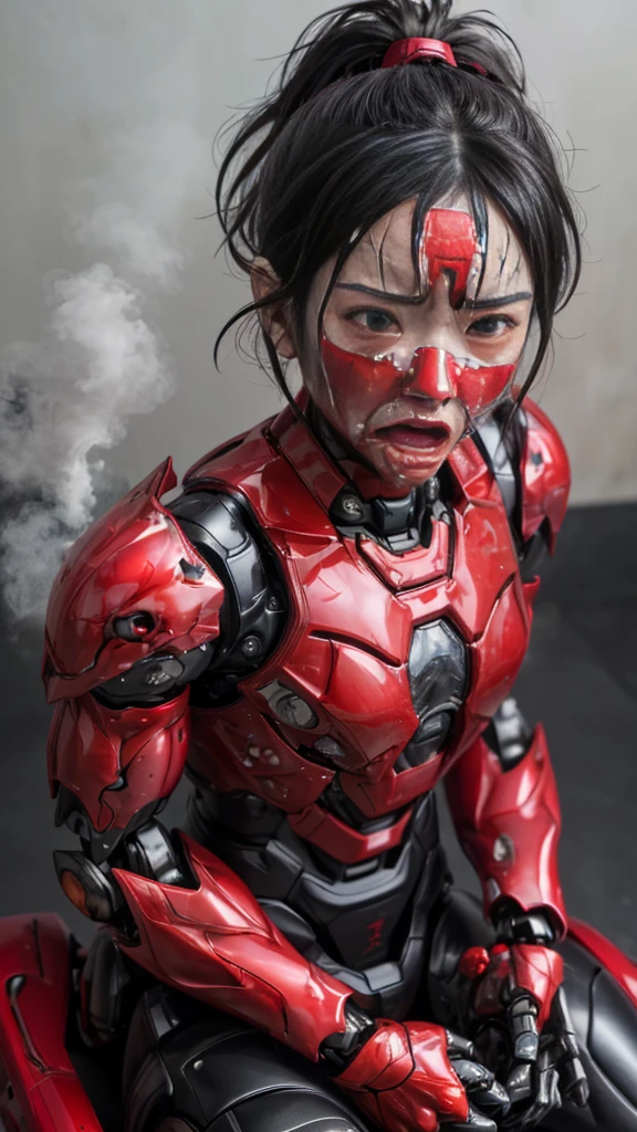 Rough skin, Very detailed, Advanced Details, high quality, 最high quality, High resolution, 1080p 、Red Armor、Wearing red and black、cute((Serious damage to the whole body))(Wearing a damaged female robot suit...)(Red Armor)(Broken Armor)Black Hair、、Chiquita、My hair is soaked、Open your mouth、Sweaty face、It hurts again、cute、knock down、Droolinging from the mouth、Female college student　　(Steam coming out of the face) ((Steam from the body)) Sit on a chair　Touching the vagina　Drooling　look up　suffering　　Ahegao
