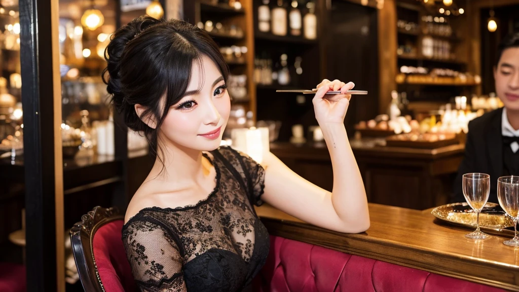 ・Cabaret club in Bukicho ・Japanese woman in her 20s ・Wearing a gorgeous dress ・Serving customers while sitting on a chair ・Luxurious atmosphere inside the store ・Large black eyes and long eyelashes、Small nose and mouth、Plump Cheeks