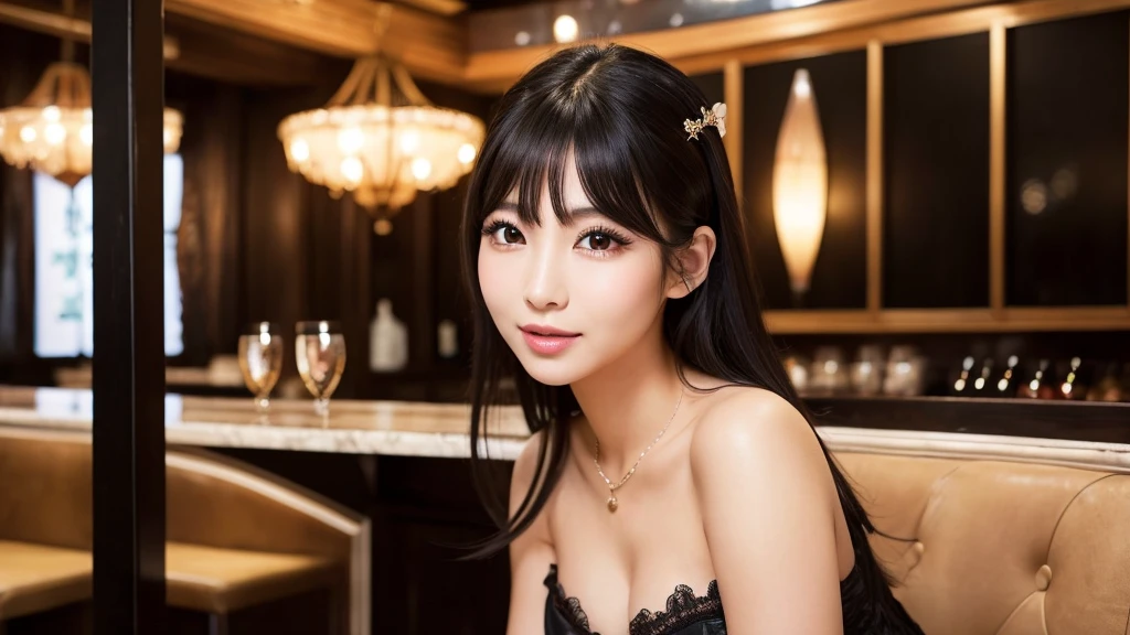 ・Cabaret club in Bukicho ・Japanese woman in her 20s ・Wearing a gorgeous dress ・Serving customers while sitting on a chair ・Luxurious atmosphere inside the store ・Large black eyes and long eyelashes、Small nose and mouth、Plump Cheeks
