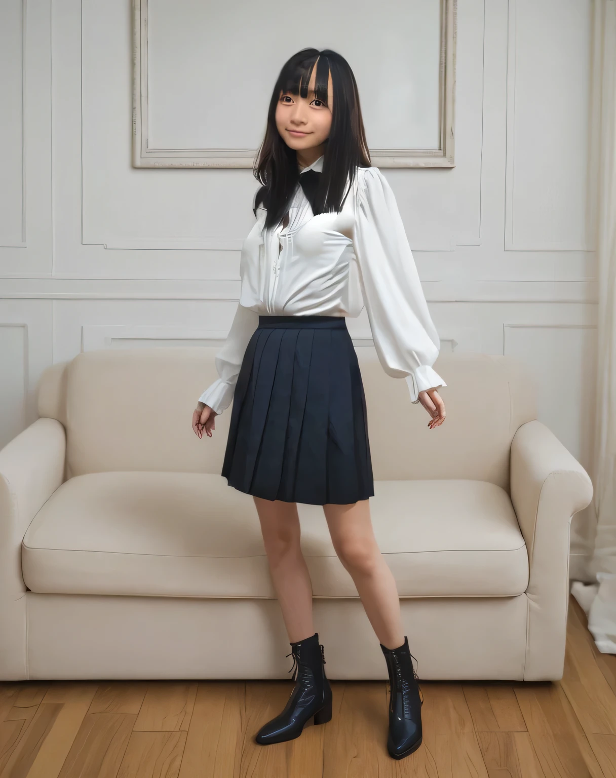 Highest quality,Super detailed,A woman standing in front of a large sofa in a living room,Long sleeve white blouse,black pleated mini skirt,Posing for a photo