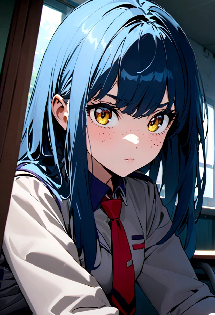 screenshot of my hero academy. girl with long black and blue hair, intense yellow eyes, freckles on her face, she is wearing the UA uniform, gray jacket and red tie, she is sitting looking a window in a school environment.