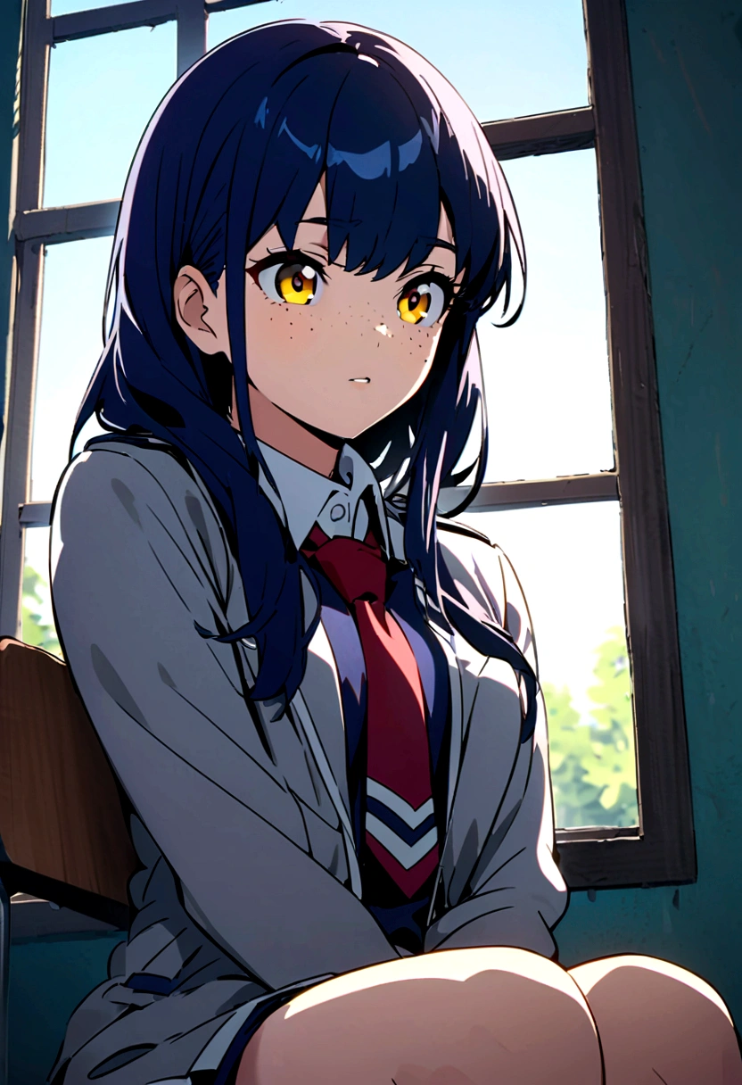 screenshot of my hero academy. girl with long black and blue hair, intense yellow eyes, freckles on her face, she is wearing the UA uniform, gray jacket and red tie, she is sitting looking a window in a school environment.