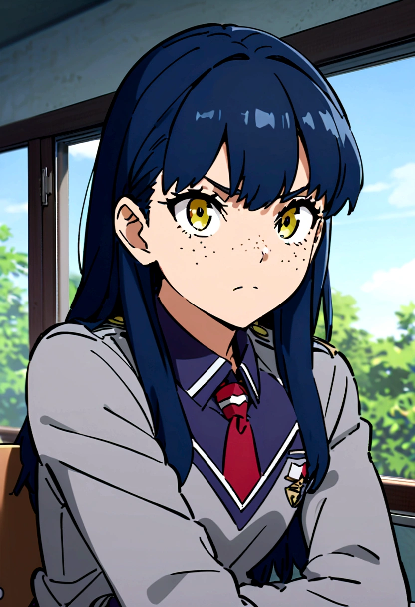 screenshot of my hero academy. girl with long black and blue hair, intense yellow eyes, freckles on her face, she is wearing the UA uniform, gray jacket and red tie, she is sitting looking a window in a school environment.