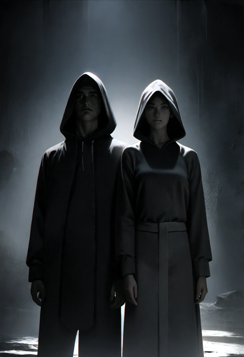 "Two people standing in a dark place, back to the viewer, side by side; one wearing a black robe with the hood up, the other in a black hoodie and pants. Minimalist characters, 8k resolution, high definition, photorealistic style, cinematic lighting, melancholic atmosphere, dramatic shadows, muted color palette."