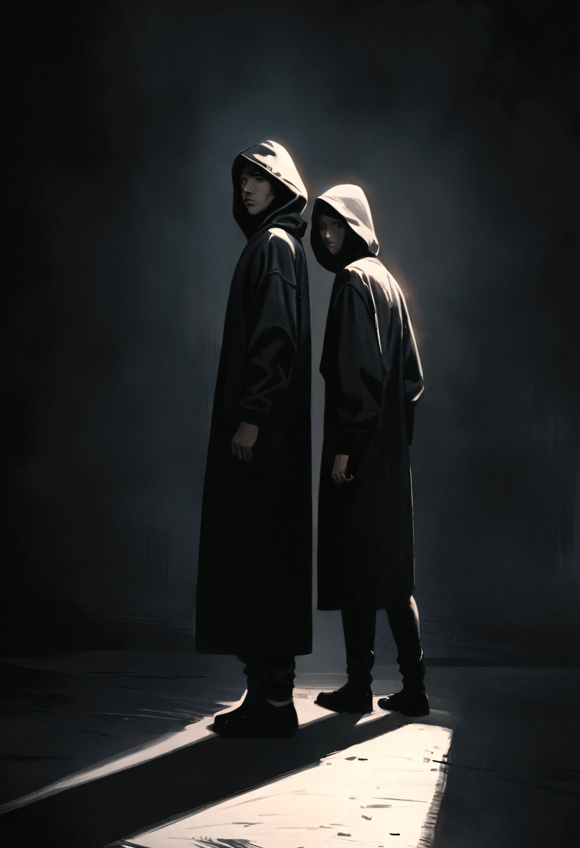"Two people standing in a dark place, back to the viewer, side by side; one wearing a black robe with the hood up, the other in a black hoodie and pants. Minimalist characters, 8k resolution, high definition, photorealistic style, cinematic lighting, melancholic atmosphere, dramatic shadows, muted color palette."