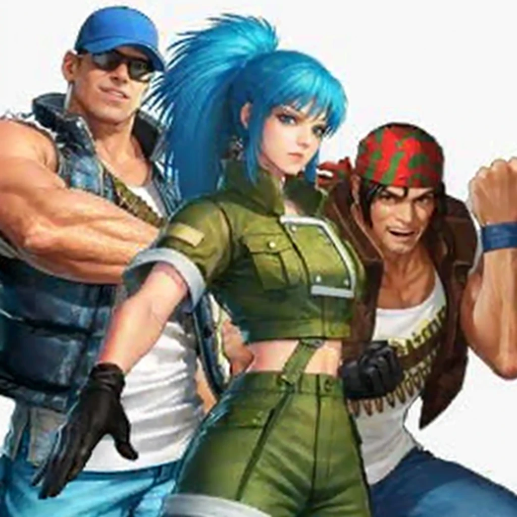 (masterpiece, highest quality, ultra high res, ultra detailed:1.3), 2 men and 1 girl, 1 man, blonde short hair, white T-shirt, short sleeves, (black down vest:1.6), (denim long pants:1.3), blue cap, (plain color cap:1.4), (ray ban:1.3), military boots, bare arms, bare legs, thimble glove, thumbs up, smiling, another man, brown medium hair, bandanna, white T-shirt, (black down vest, denim long pants:1.6), thimble glove, guts pose, 1 cute girl, blue hair, single bun, camouflage military uniform, short sleeves, short pants, slender, middle breast, thimble glove, squatting, 