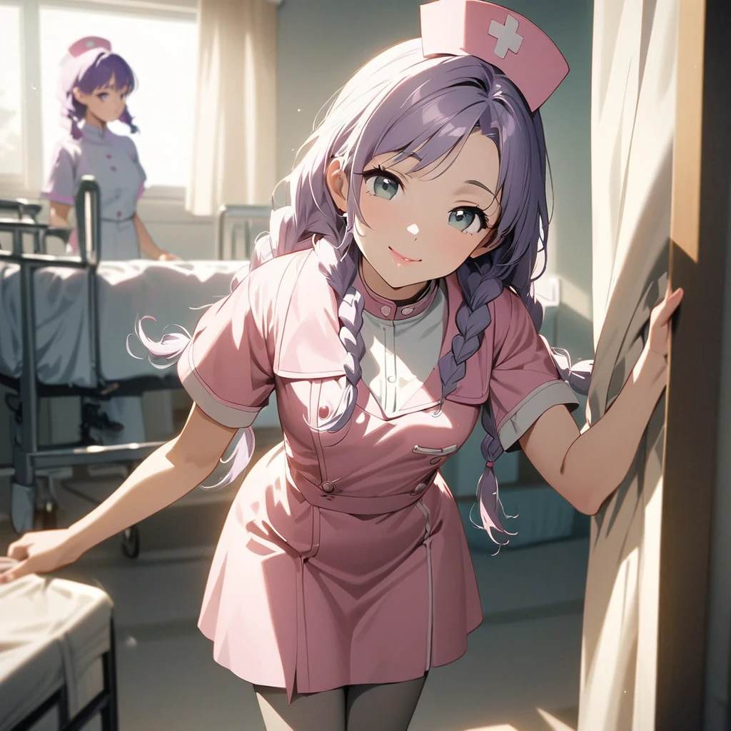 (Cute a girl:1.5), (a girl with closs hair pin,pale purple hair,wavy two braids,bluntbangs hair,green and black eyes,
Pink nurse uniform, pink nurse cap, beige pantyhose, white shoes, bright hospital room, girl opening the curtains,pink lips, :1.4),(masterpiece:1.3), anime visual, (Lovey-dovey:1.5), (tilt head:1.3), extremely delicate face, soft clean focus, realistic lighting and shading, (an extremely delicate and beautiful art:1.3), elegant, (muted colors:1.1), small breast,slim,look at viewer,smiling,morning lit,