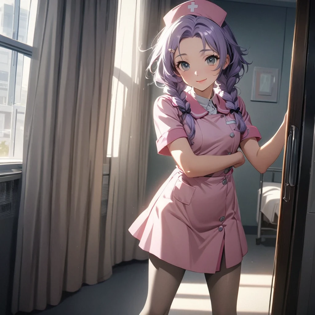 (Cute a girl:1.5), (a girl with closs hair pin,pale purple hair,wavy two braids,bluntbangs hair,green and black eyes,
Pink nurse uniform, pink nurse cap, beige pantyhose, white shoes, bright hospital room, girl opening the curtains,pink lips, :1.4),(masterpiece:1.3), anime visual, (Lovey-dovey:1.5), (tilt head:1.3), extremely delicate face, soft clean focus, realistic lighting and shading, (an extremely delicate and beautiful art:1.3), elegant, (muted colors:1.1), small breast,slim,look at viewer,smiling,morning lit,