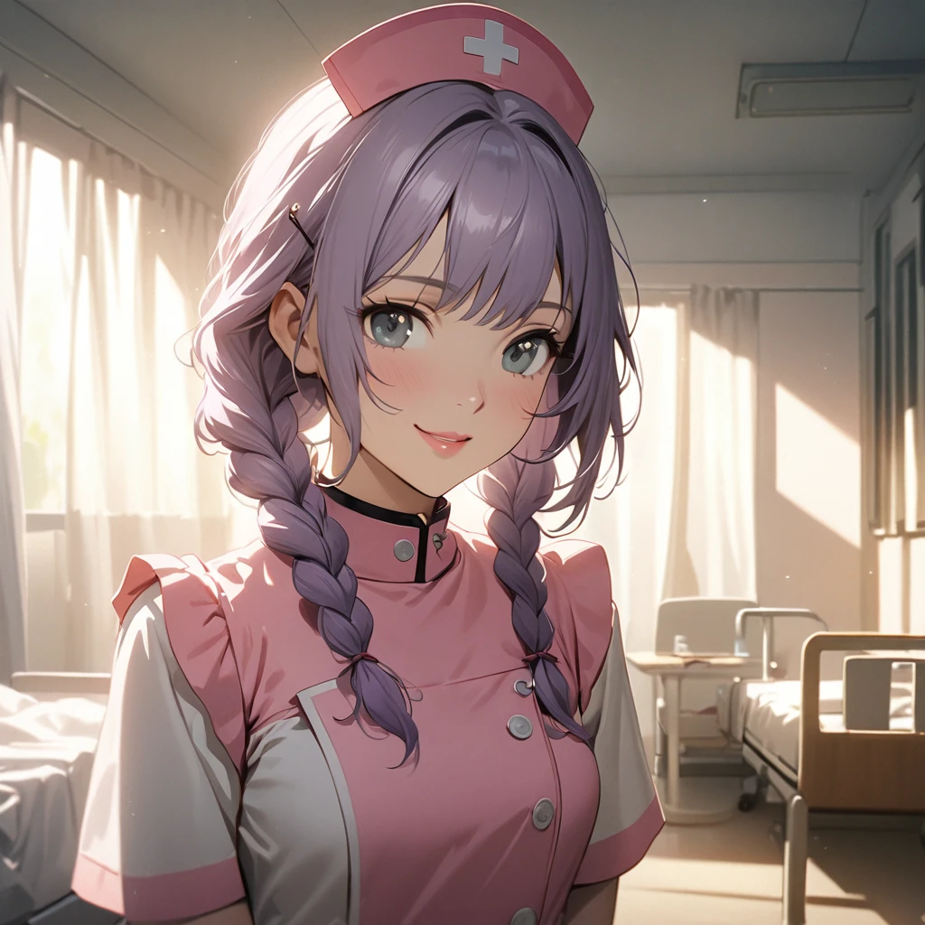 (Cute a girl:1.5), (a girl with closs hair pin,pale purple hair,wavy two braids,bluntbangs hair,green and black eyes,
Pink nurse uniform, pink nurse cap, beige pantyhose, white shoes, bright hospital room, girl opening the curtains,pink lips, :1.4),(masterpiece:1.3), anime visual, (Lovey-dovey:1.5), (tilt head:1.3), extremely delicate face, soft clean focus, realistic lighting and shading, (an extremely delicate and beautiful art:1.3), elegant, (muted colors:1.1), small breast,slim,look at viewer,smiling,morning lit,