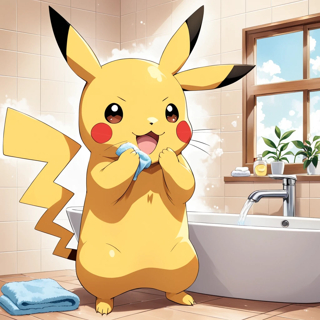 Illustrate a cute scene of Pikachu washing its face in the bathroom or brushing its teeth as part of a morning routine