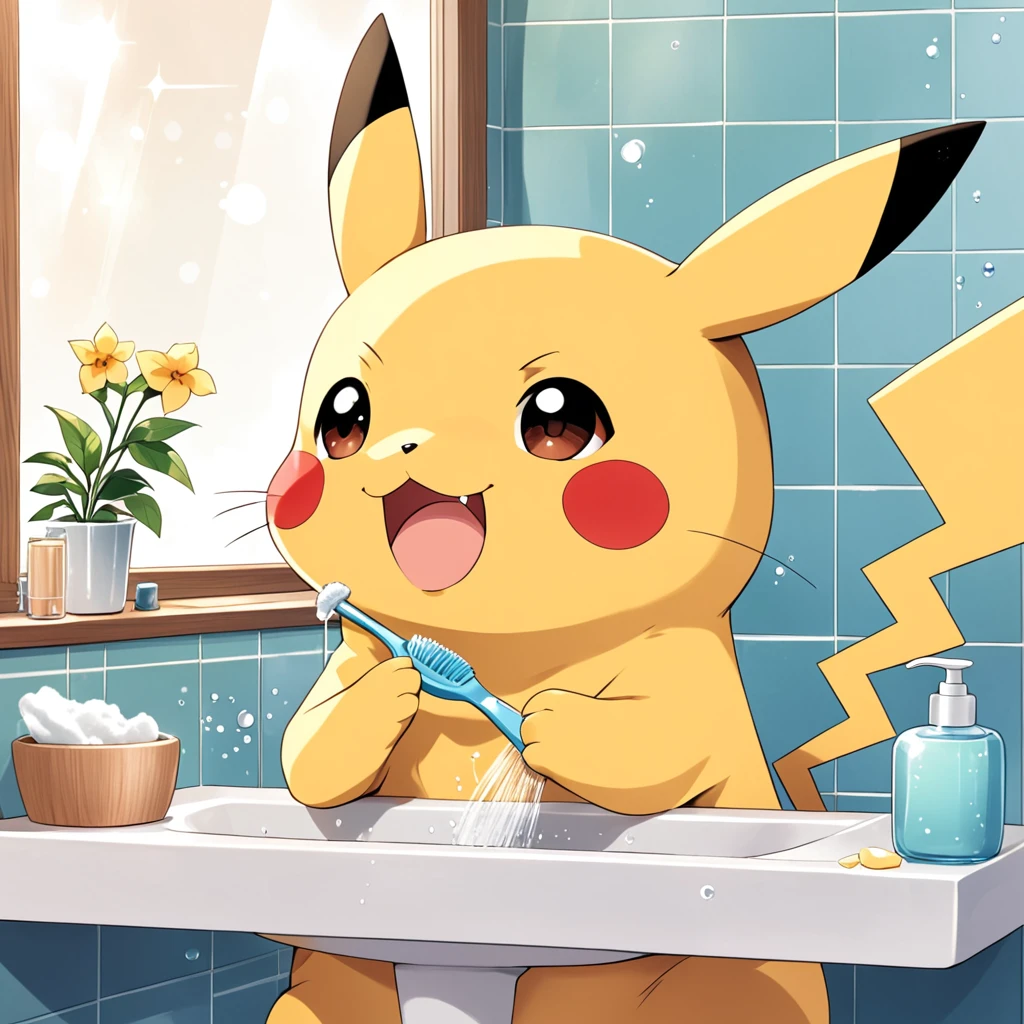 Illustrate a cute scene of Pikachu washing its face in the bathroom or brushing its teeth as part of a morning routine