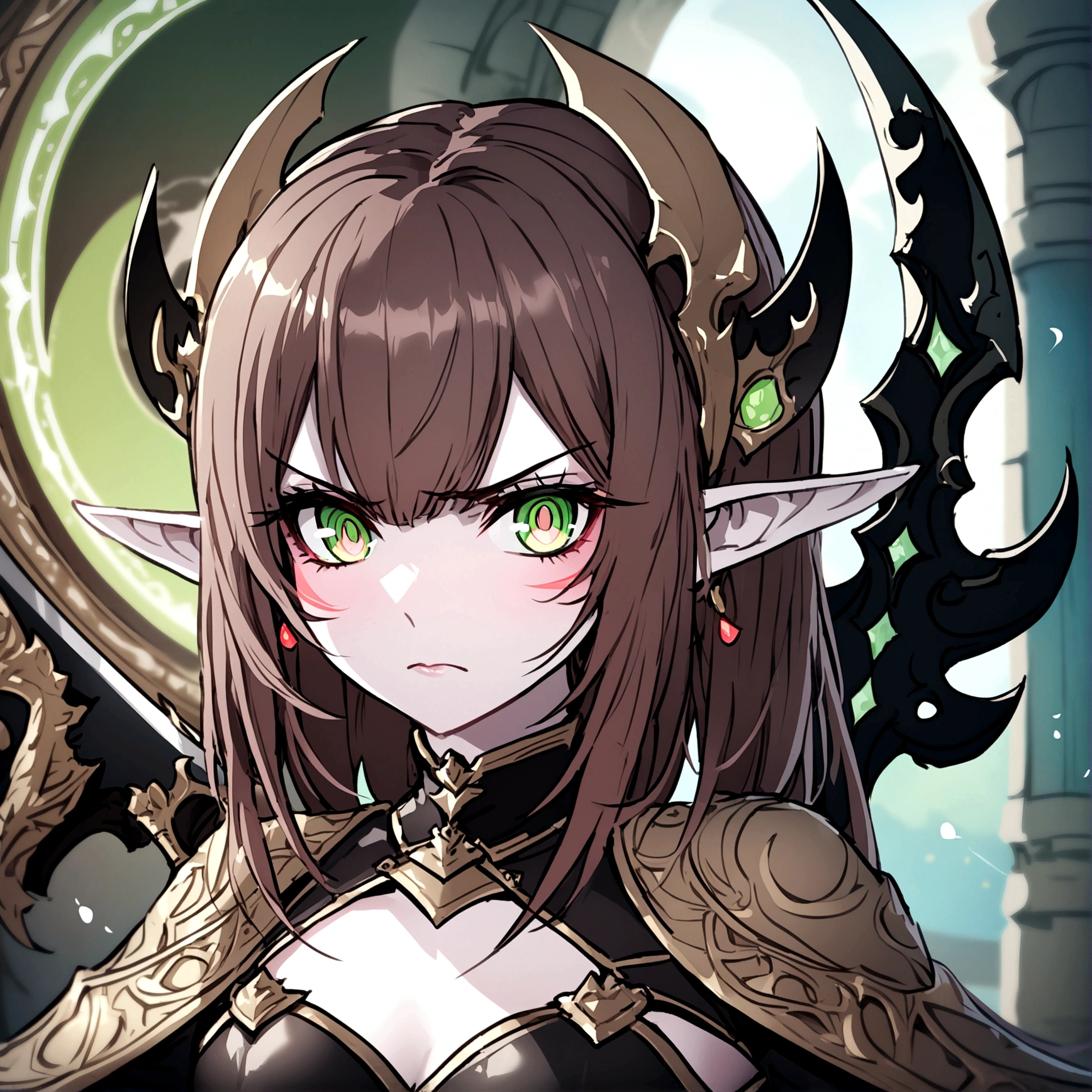 Portrait of an Young elven woman, pale skin, brown hair, green eyes, black short clothes, small, holding a magical black broadsword, with an red eye on its blade, dark fantasy, long ears, angry, bladedancer