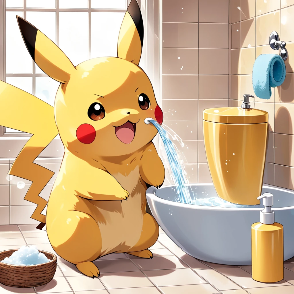 Illustrate a cute scene of Pikachu washing its face in the bathroom or brushing its teeth as part of a morning routine