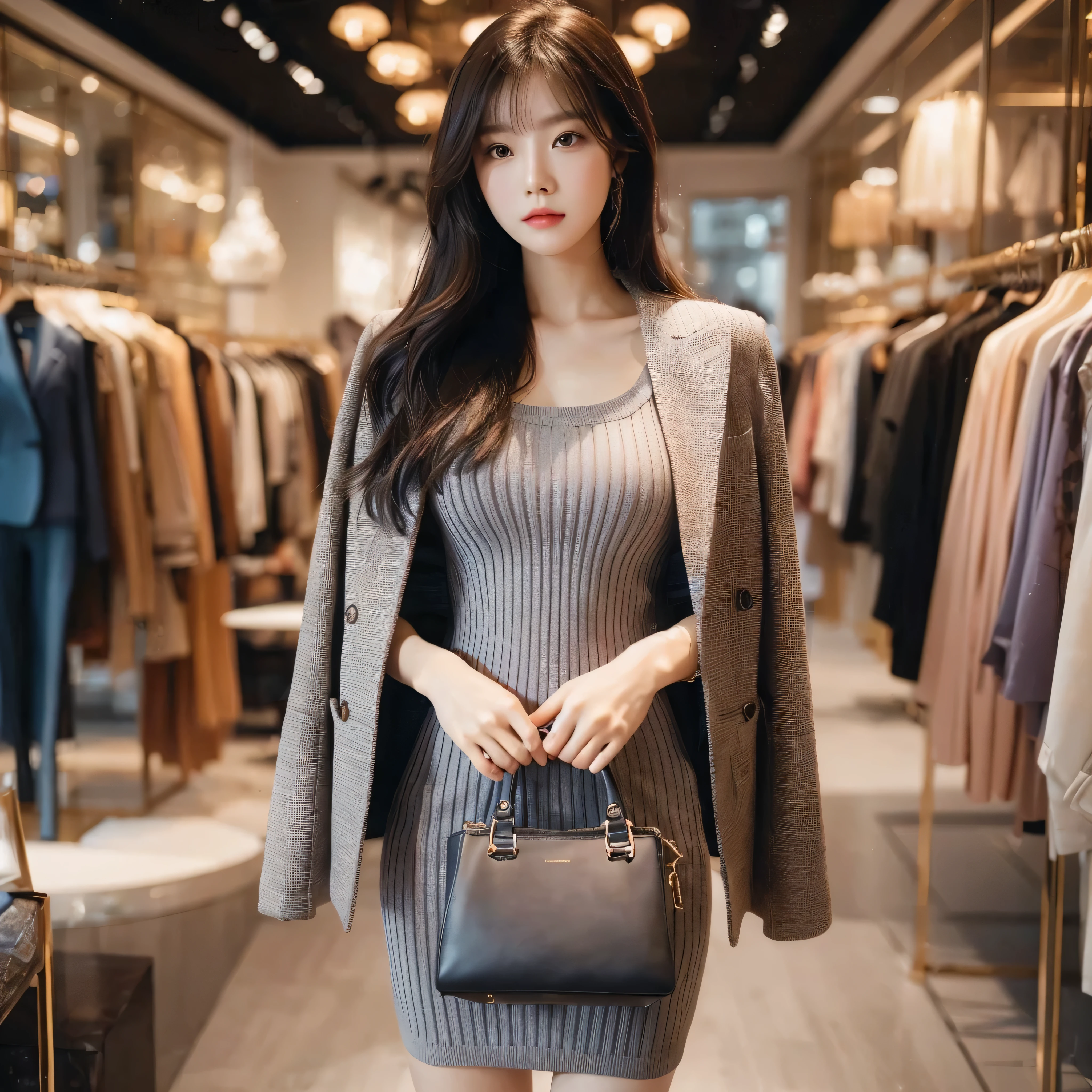 a beautiful chinese girl, wearing a clenched ribbed dress, covered by a stylish outer blazer, standing in a fashionable boutique clothing store, carrying a women's handbag, 1girl, extremely detailed, photorealistic, high quality, intricate details, studio lighting, cinematic bokeh, vibrant colors, warm lighting