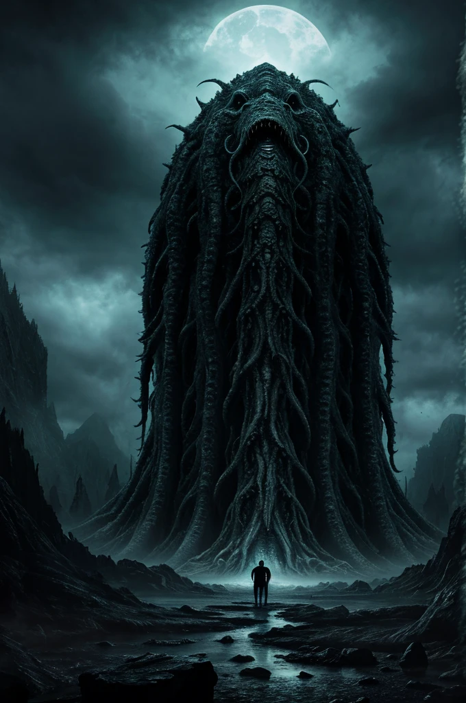 High-quality, detailed digital painting of a cosmic horror scene inspired by H.P. Lovecraft. A colossal, otherworldly creature with an amorphous form, writhing tentacles, multiple eyes, and grotesque, non-Euclidean geometry is descending from a dark, stormy sky. Below, a group of terrified people stand, their faces filled with fear and awe as they witness the monstrous arrival. The background features a dark, foreboding landscape with an eerie, unsettling atmosphere, capturing the essence of Lovecraftian horror.