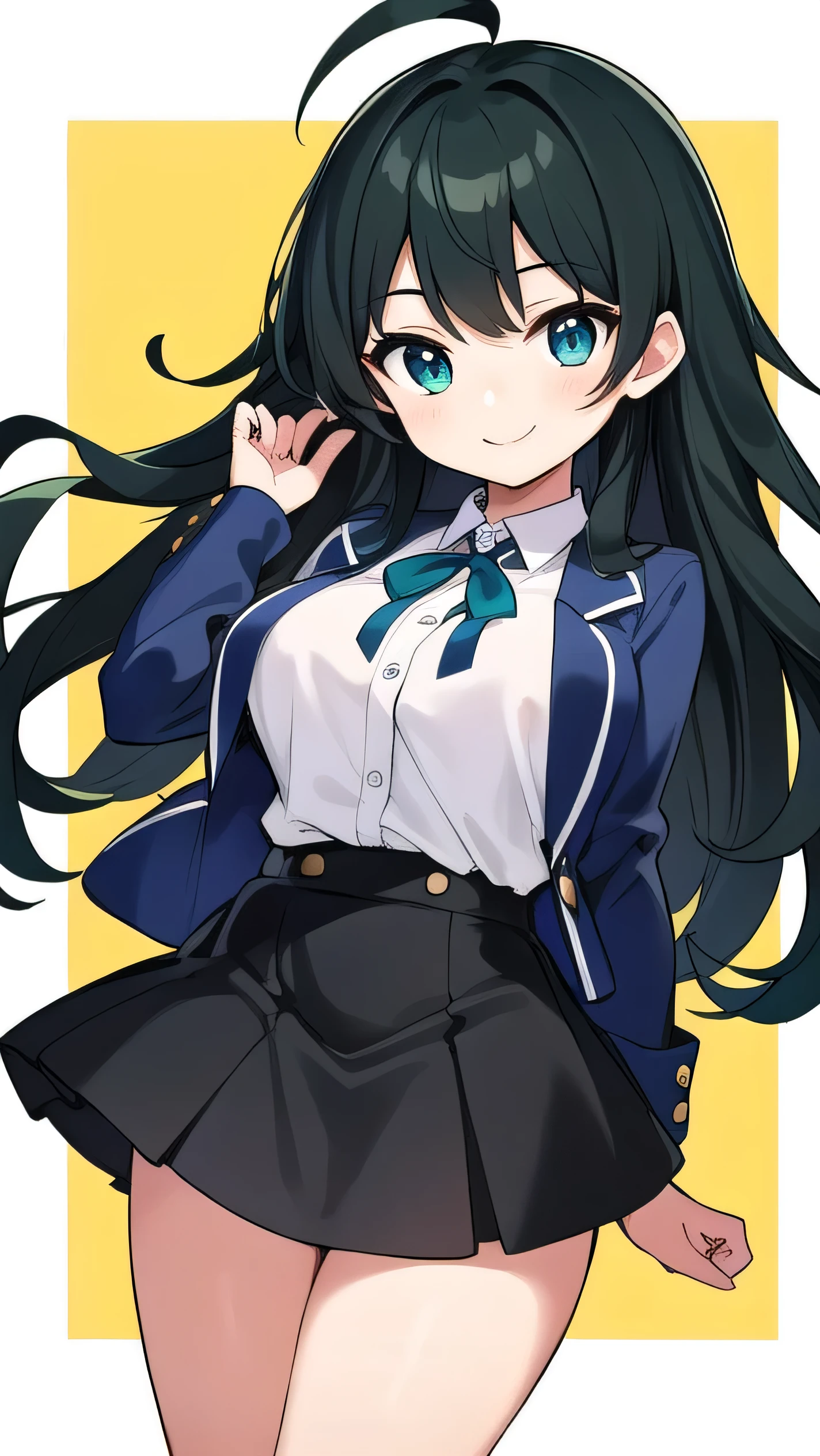 Junior high school student who looks like an elementary school student, s old, very short, 140 cm tall, black hair with a slight green tinge, short ahoge, beautiful long hair but with a little hair sticking out, beautiful round eyes, blue eyes, smile, boyish, long sleeves, Thick clothes, skirt, big breasts, hair longer than waist, long hair, childish face, gentle smile, a little shy, black skirt, black hair with a slight green tinge, boyish, gentle smile, jacket one size larger, ( Deep greenish black hair: 1.3)