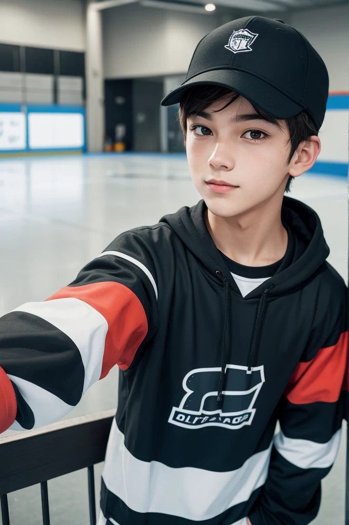 Selfie of cute boy with hockey mask 