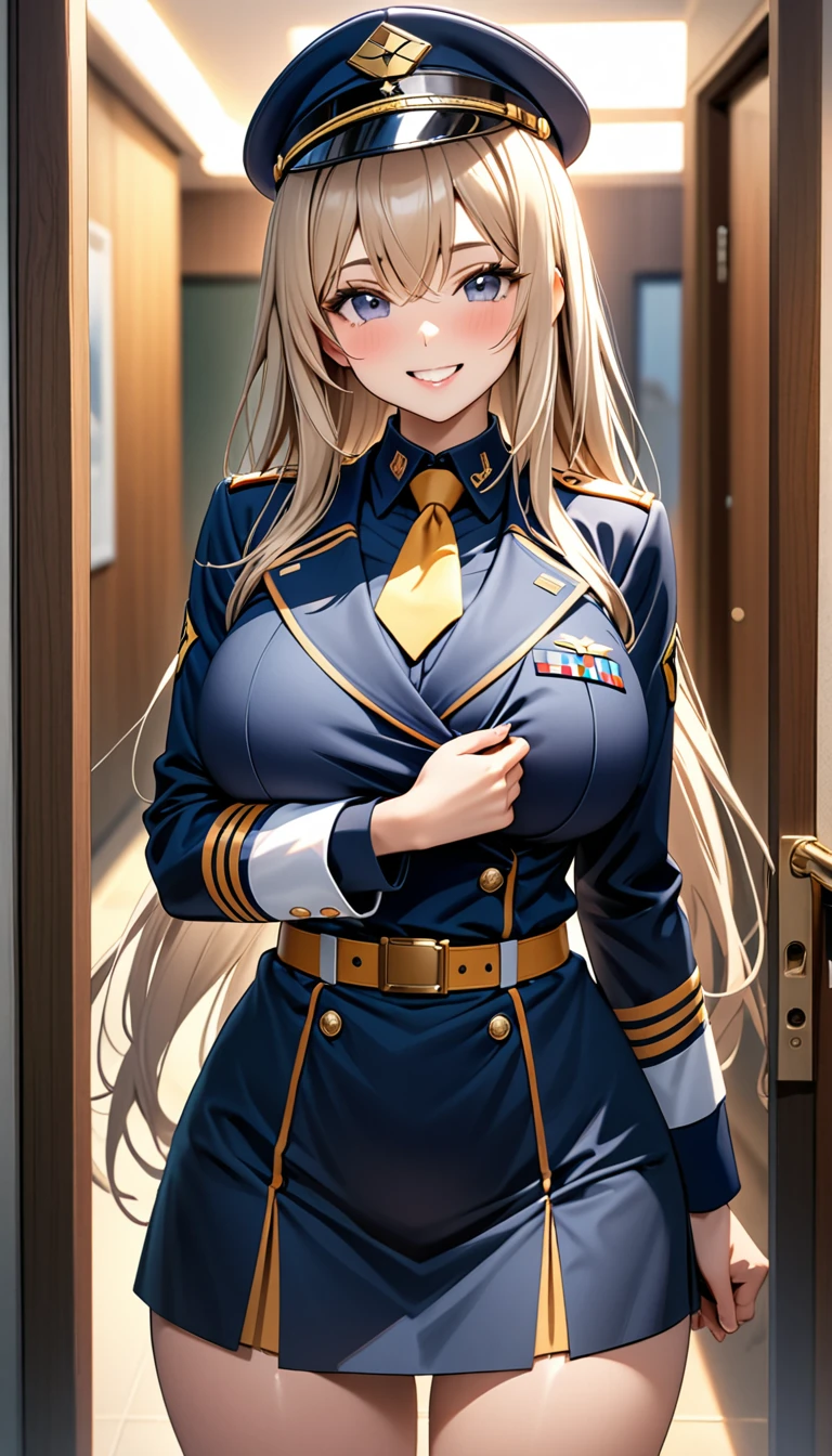 (Highest quality、Masterpiece、Very detailed、4K)、One woman、Big Breasts、17 years old、uniform、((Confident々))、smile