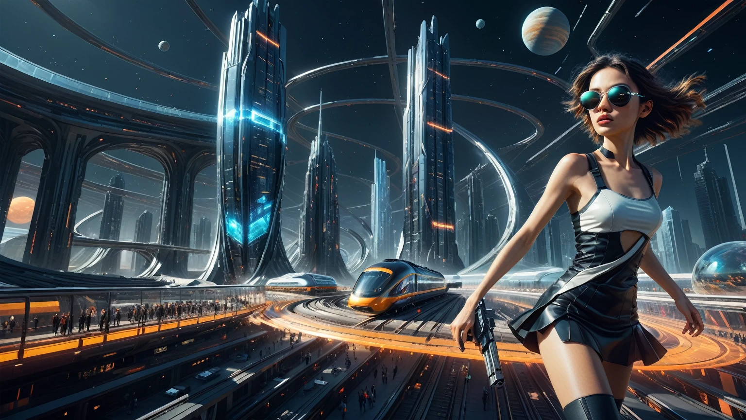 Brightly colored abstract aerial view image of a futuristic railway station with a spiral, a (((((futuristic all-glass train))))) passing by, epic beautiful space sci-fi, chaotic cinematic space rift, Greg Beeple, planets colliding, Beeple and Tim Hildebrandt, Beeple and Jean Giraud, end of the universe, (((((giant abstract sculpture))))), galaxy space sci-fi, ringworld, by Mike "Beeple" Winkelmann. Matrix style, (((((Matrix cascading code))))), (((((a futuristic twin tower skyscraper with a unique twisted design))))), (((((OLED GUI interfaces in the building))))), at night, (((((1girl, solo))))), photo realistic, (((large-breast:1.2 gorgeous body, cleavage))), (((off broken mini sling-shirt and black sling bra, extreamly short pleated miniskirt exposing panty))), (((((running pose))))), (((((((matrix style black micro sunglasses))))))), ((((((((((aiming with a short gun)))))))))), (((((looking at camera))))), (((very low view))), (((((half-body thigh level medium shot))))), (((cinematic lighting))).