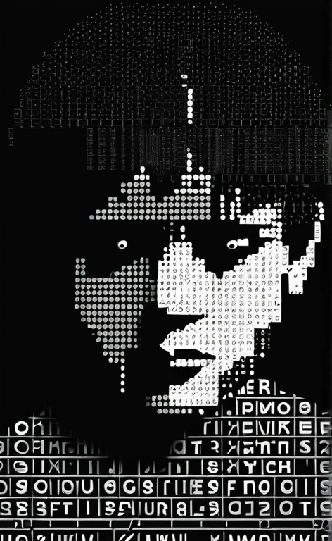 1boy,portrait composed of typographical elements,ASCII art aesthetic,monochrome,intricate details,creative use of letter shapes and negative space,high contrast,post-digital,