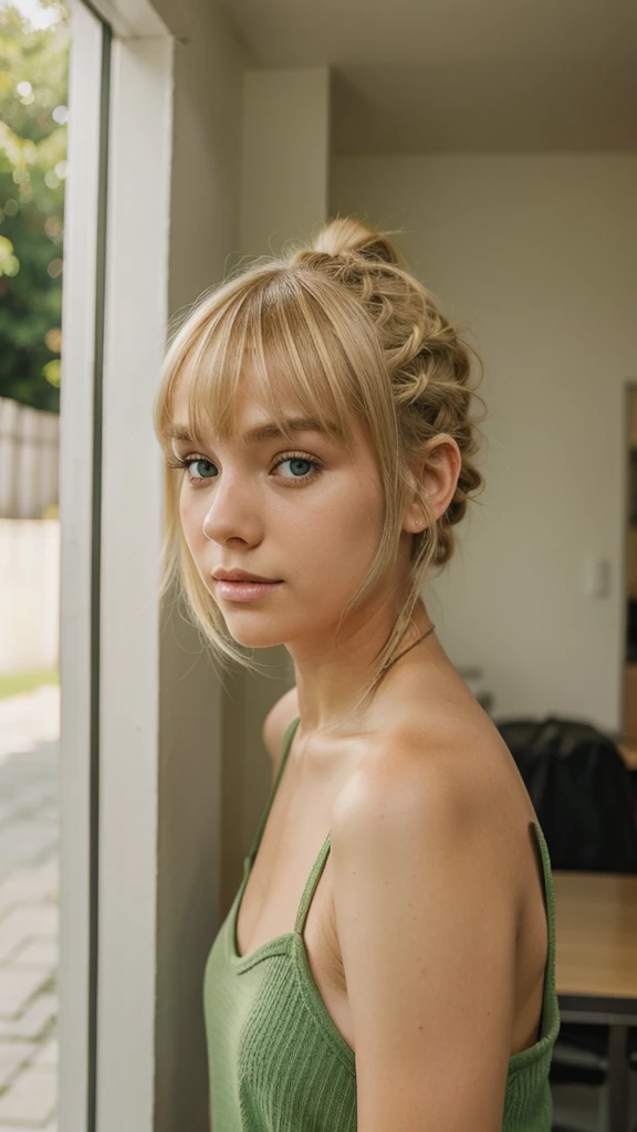 Girl with light blonde hair, ponytail hairstyle with bangs covering one side of her face and green eyes