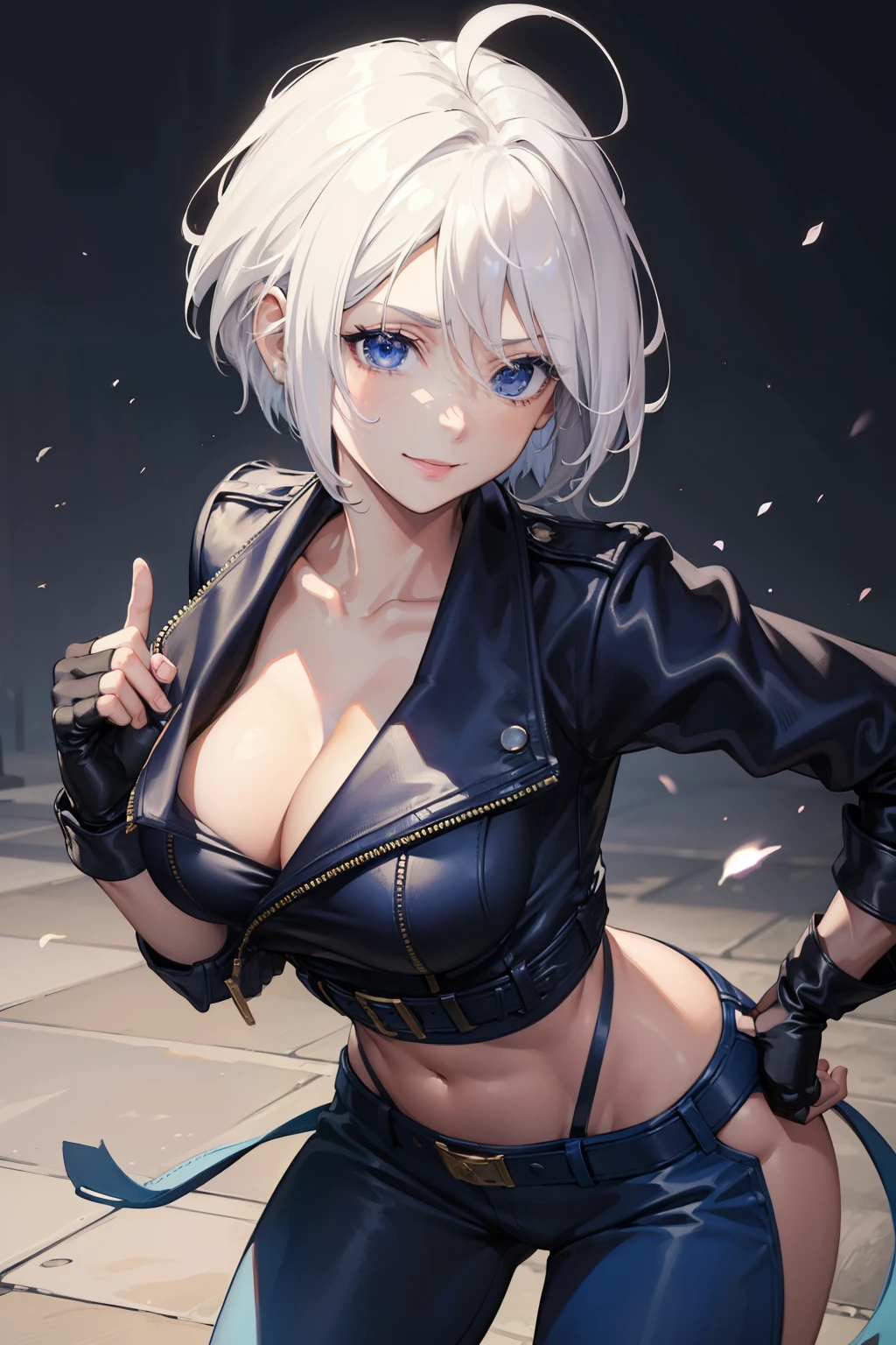 (masterpiece), best quality, expressive eyes, perfect face, highres, 1girl, solo, angelms, white hair, jacket, ahoge, fingerless gloves, midriff, hands to hips, leaning forward, smiling, fanstasy background, particles, magic, standing,cowboy shot, looking at the viewer, from front