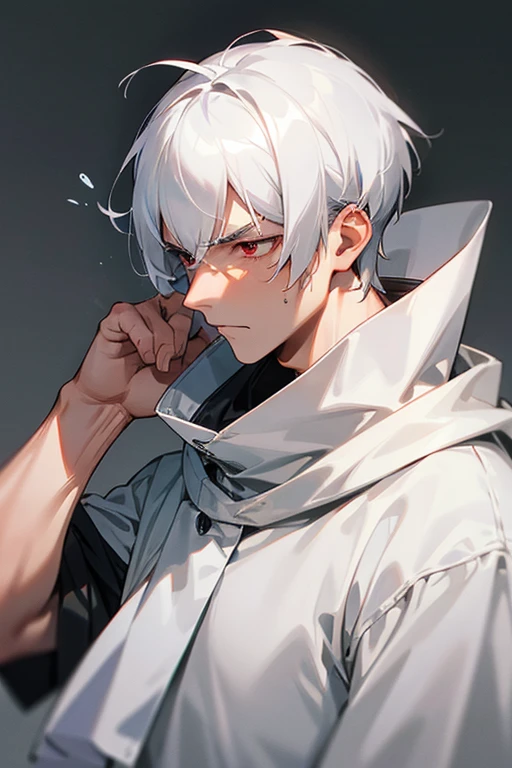 male、Gray Hair、White Hair、Short Hair、Red Eye、Cold-blooded man、Handsome、Well-built、Cold Face、Well-formed face、Increased body temperature、Sweat runs down my skin、after exercise、A serious face、Fatigue、hot、Sigh、tired、fatigue、tired、Brushing her hair back、Take a deep breath、Sweeping her bangs aside、Hand on forehead、Entire body is visible、From a little distance