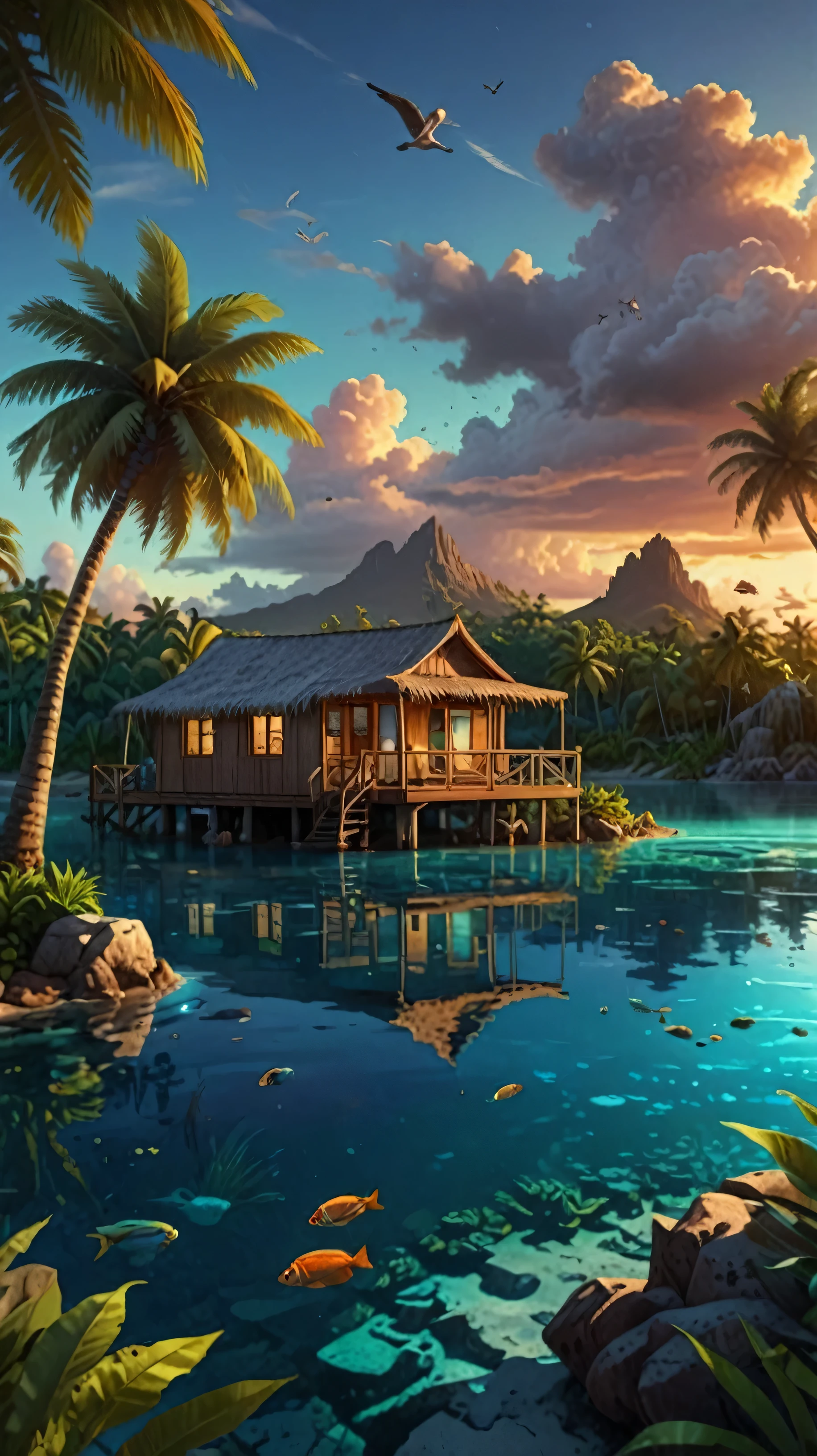 tropical island with glowing lagoons, (wide angle view:1.2), beautiful composition, super sharp, crisp, clear, true to life, raw, real, realistic, extremely high-resolution details, realism pushed to extreme, fine texture, incredibly life like, hyperrealistic detailed image, infinite focus, clear and detailed throughout