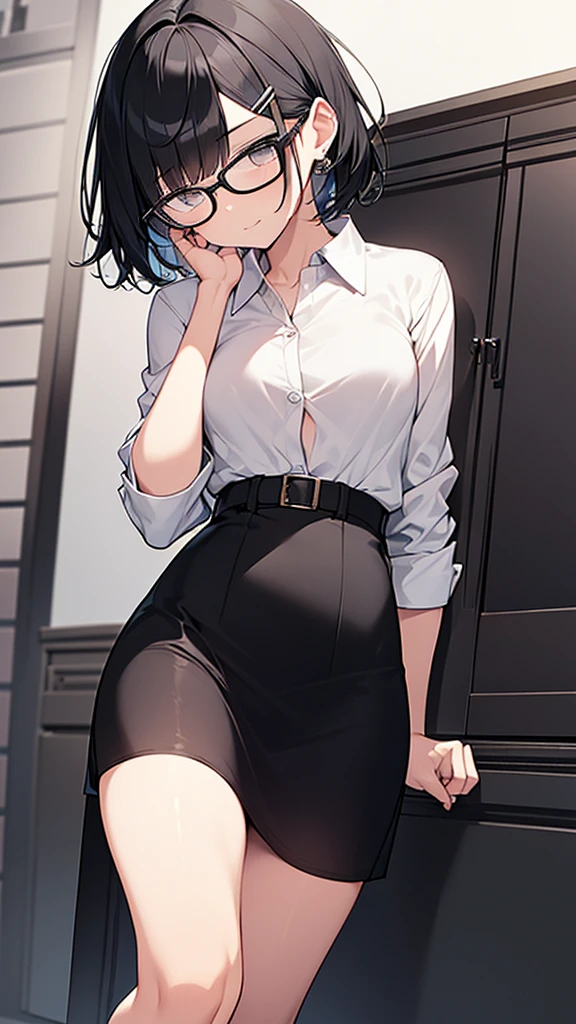 A woman with short black hair, wearing glasses, not smiling, with a small hair clip, wearing a black and white skirt.