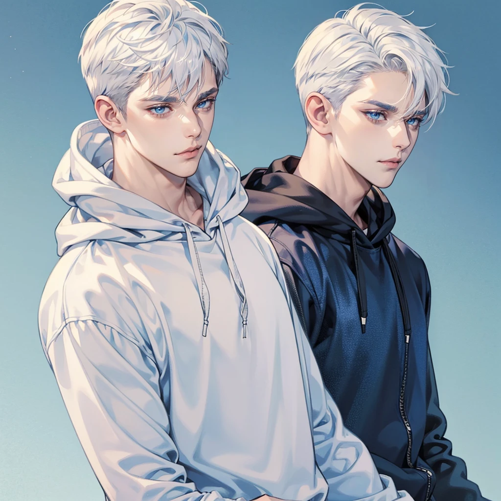 Handsome man , White hair , very Short hair, ((crew cut hair style:1 )) , Blue eyes , light skin , ((muscular:1)),masculine ,age 28,
Wearing a hoodie , blue jeans , plain background, streetwear, street fashion ,
(masterpiece, best quality )detailed, 1Character , pastel washed out colors , cell shade , soft, muted shades ,gentle colors ,