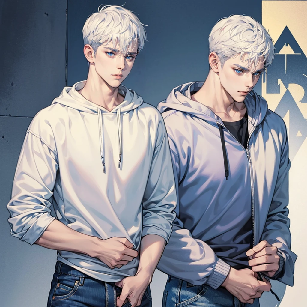 Handsome man , White hair , very Short hair, ((crew cut hair style:1 )) , Blue eyes , light skin , ((muscular:1)),masculine ,age 28,
Wearing a hoodie , blue jeans , plain background, streetwear, street fashion ,
(masterpiece, best quality )detailed, 1Character , pastel washed out colors , cell shade , soft, muted shades ,gentle colors ,