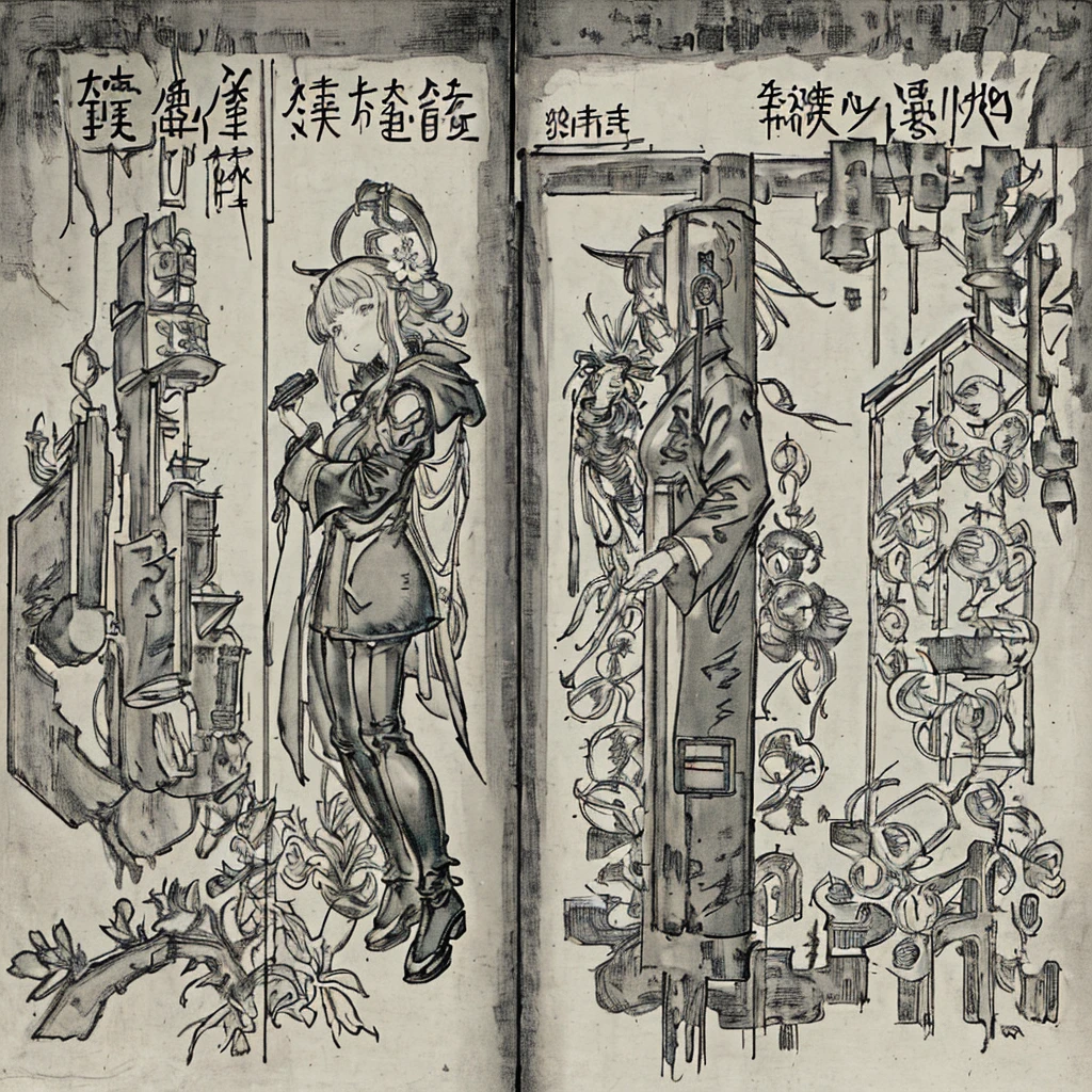 Hongkong、ruins、Asian backstreet food stall、World of Blade Runner、Rubber Coat Mecha。Midnight、Mucha、flower、Grass。Monochrome、Line artだけの塗り絵を作ってください。Line art、Finally, create the bottom of the coloring book.