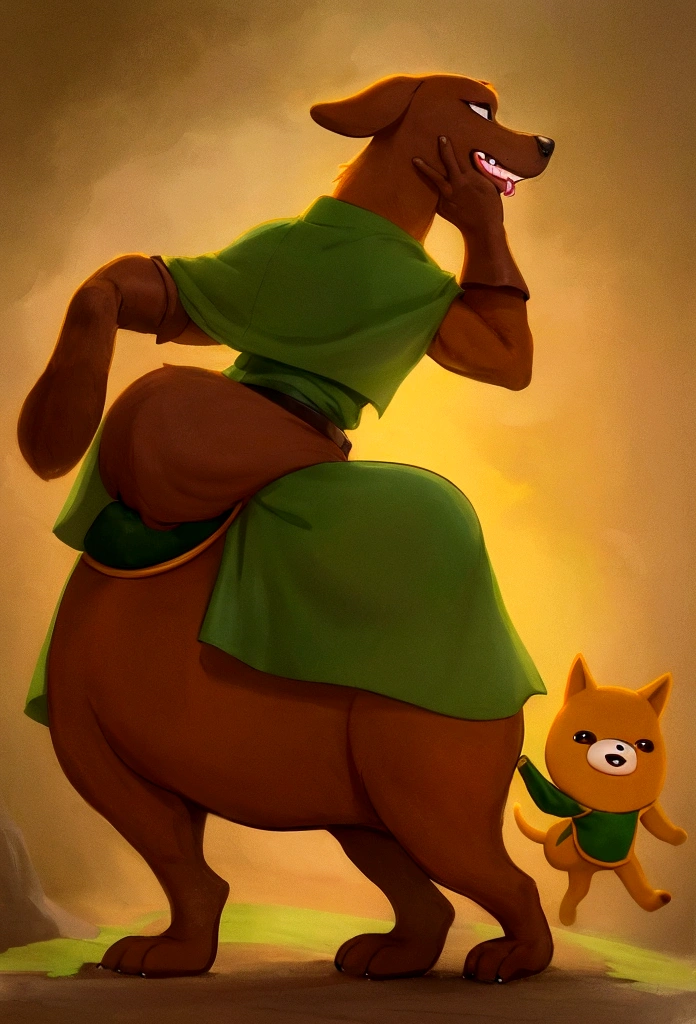 a brown dog,cartoon style,adventure time style,medieval employee clothes,dark green with yellow and red details,full image,no cropping,detailed,highly detailed,8k,photorealistic,cinematic lighting,vibrant colors,dynamic pose