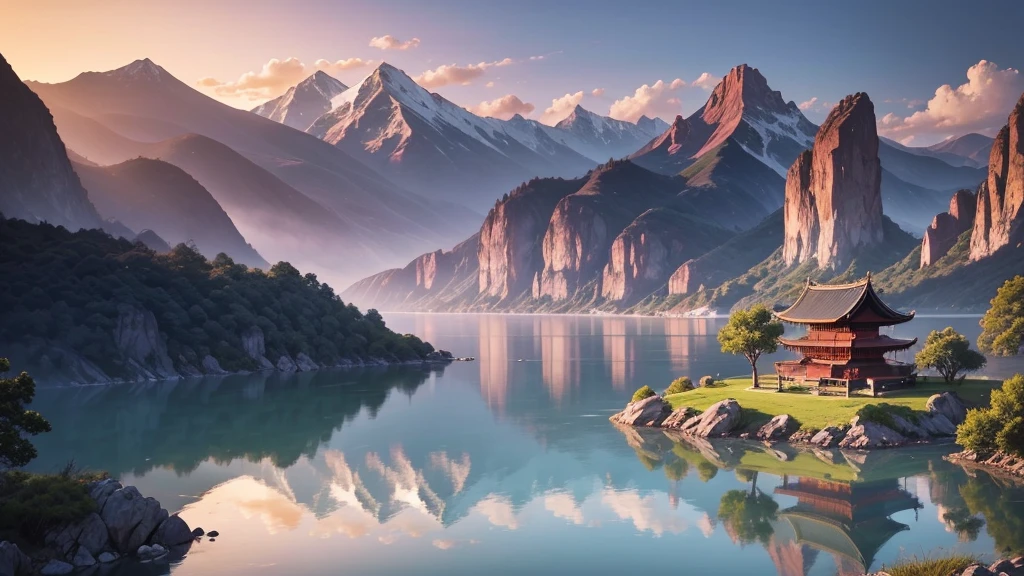 a traditional landscape of East Asia. It shows a quiet scene with hazy mountains in the background, a peaceful lake in the center, and many boats are floating on the water. There are trees and large rocks scattered everywhere, with pagoda-style houses hidden among the mountains. The sky is dyed pink and blue, suggestive of sunrise or sunset. This photo is interesting because of its peaceful combination and skillful use of water level to create depth and atmosphere for the painting.. Pretty