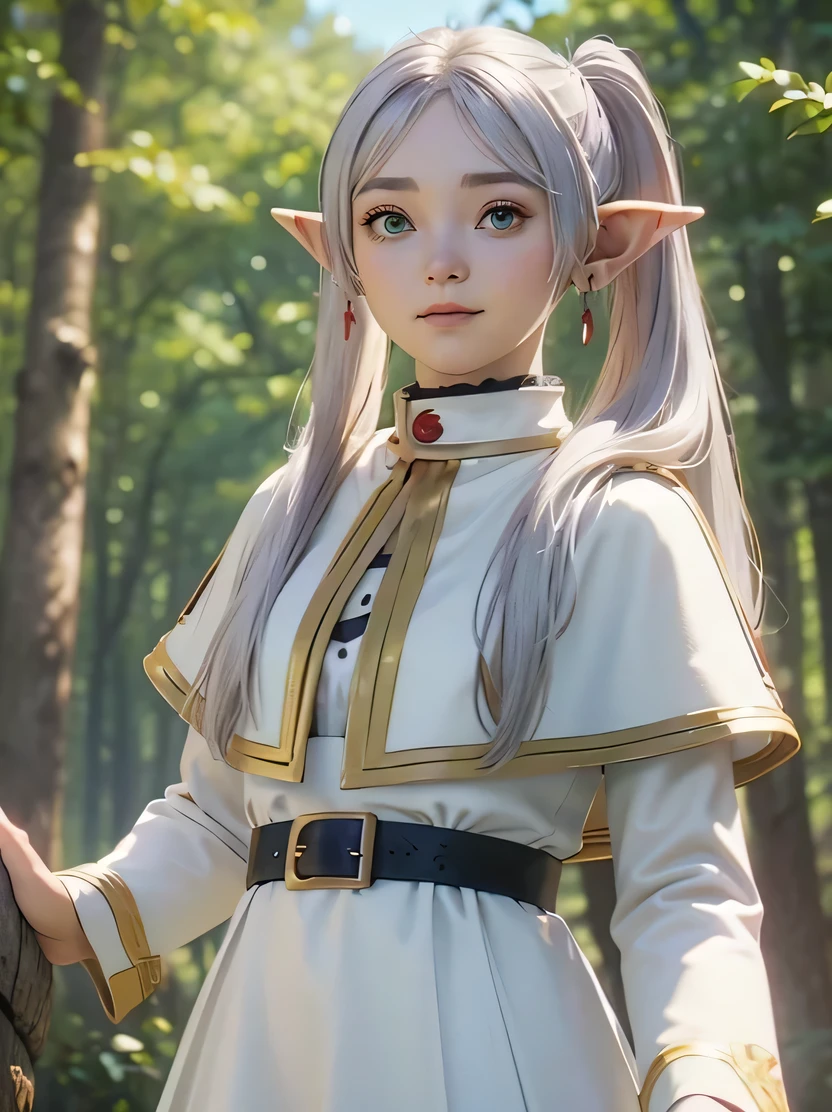 ((masterpiece、Highest quality、Very detailed、High resolution、Realistic、Sharp focus))、Face Light、Bust Shot、High brightness、High saturation、Female Elf、Frielen、smile、White clothes、in the forest、Fantasy Characters、Detailed depiction of the hand、(((View your viewers)))、wz_sousou_no_frieren_style、twintails、very long hair、silver hair、pointy ears、elf、white capelet、green eyes、black pantyhose、earrings、white skirt、belt、white sleeves