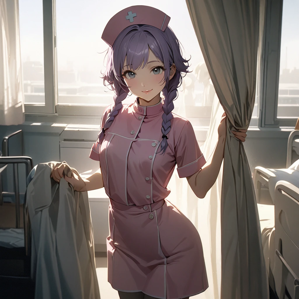 (Cute a girl:1.5), (a girl with closs hair pin,pale purple hair,wavy two braids,bluntbangs hair,green and black eyes,
Pink nurse uniform, pink nurse cap, beige pantyhose, white shoes, bright hospital room, girl opening the curtains,pink lips, :1.4),(masterpiece:1.3), anime visual, (Lovey-dovey:1.5), (tilt head:1.3), extremely delicate face, soft clean focus, realistic lighting and shading, (an extremely delicate and beautiful art:1.3), elegant, (muted colors:1.1), small breast,slim,look at viewer,smiling,morning lit,
