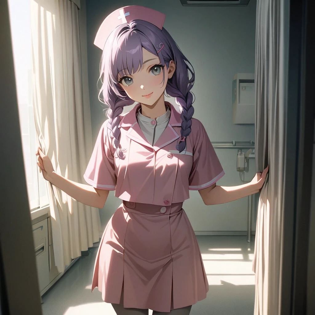 (Cute a girl:1.5), (a girl with closs hair pin,pale purple hair,wavy two braids,bluntbangs hair,green and black eyes,
Pink nurse uniform, pink nurse cap, beige pantyhose, white shoes, bright hospital room, girl opening the curtains,pink lips, :1.4),(masterpiece:1.3), anime visual, (Lovey-dovey:1.5), (tilt head:1.3), extremely delicate face, soft clean focus, realistic lighting and shading, (an extremely delicate and beautiful art:1.3), elegant, (muted colors:1.1), small breast,slim,look at viewer,smiling,morning lit,