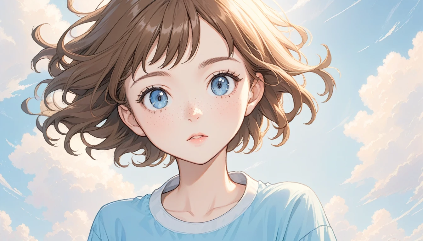 Boondocks teenage woman, light brown hair, light fair skin, freckles, blue eyes, shoulder length hair, bangs