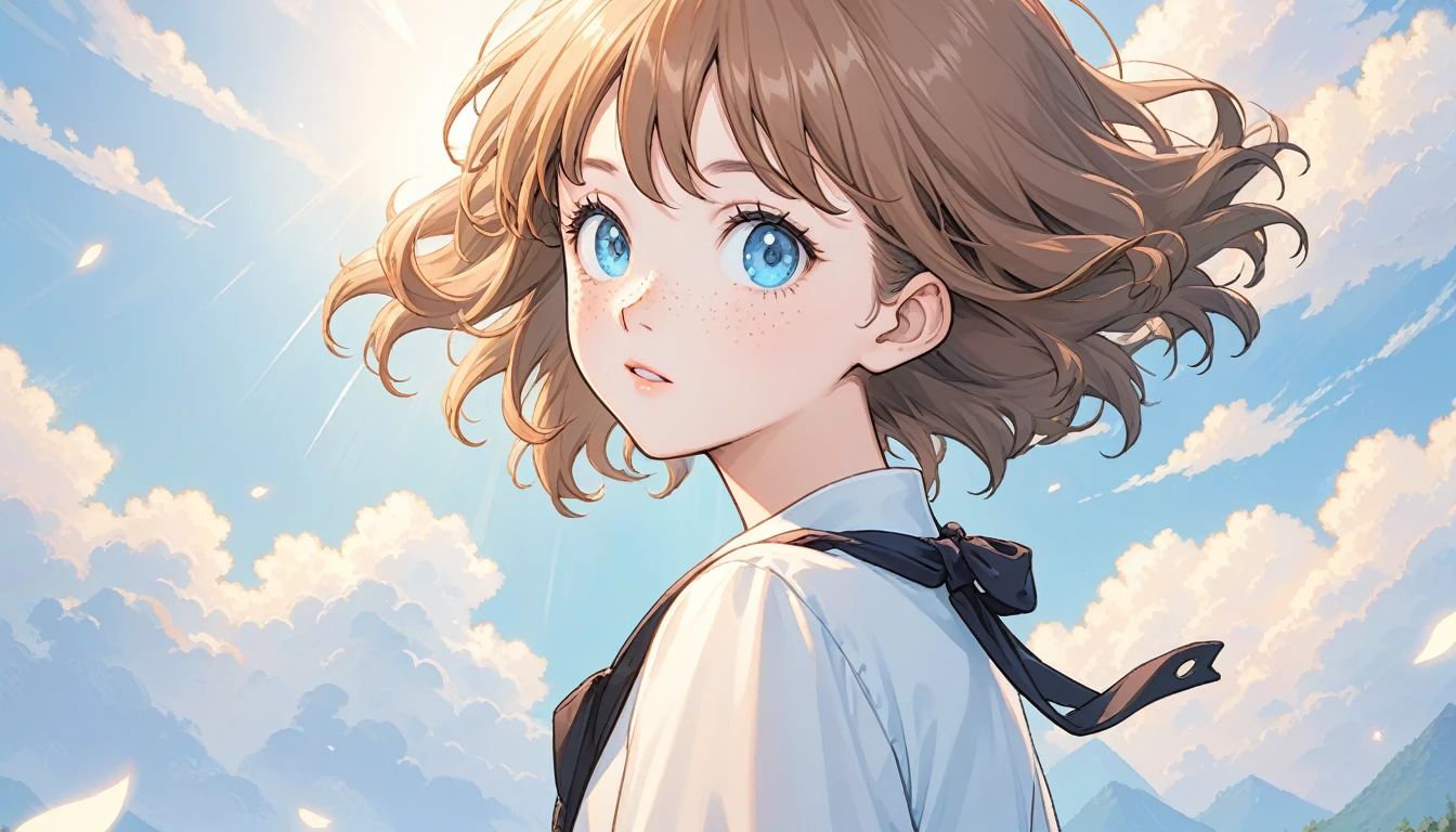 Boondocks age woman, light brown hair, light fair skin, freckles, blue eyes, shoulder length hair, bangs