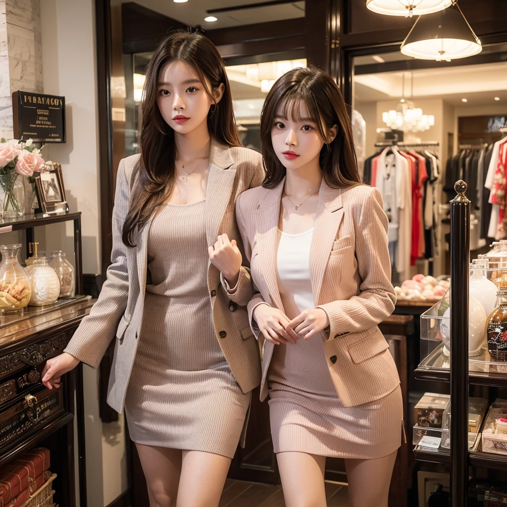 a beautiful chinese girl, wearing a clenched ribbed dress, covered by a stylish outer blazer, standing in a fashionable boutique clothing store, carrying a women's handbag, 1girl, extremely detailed, photorealistic, high quality, intricate details, studio lighting, cinematic bokeh, vibrant colors, warm lighting