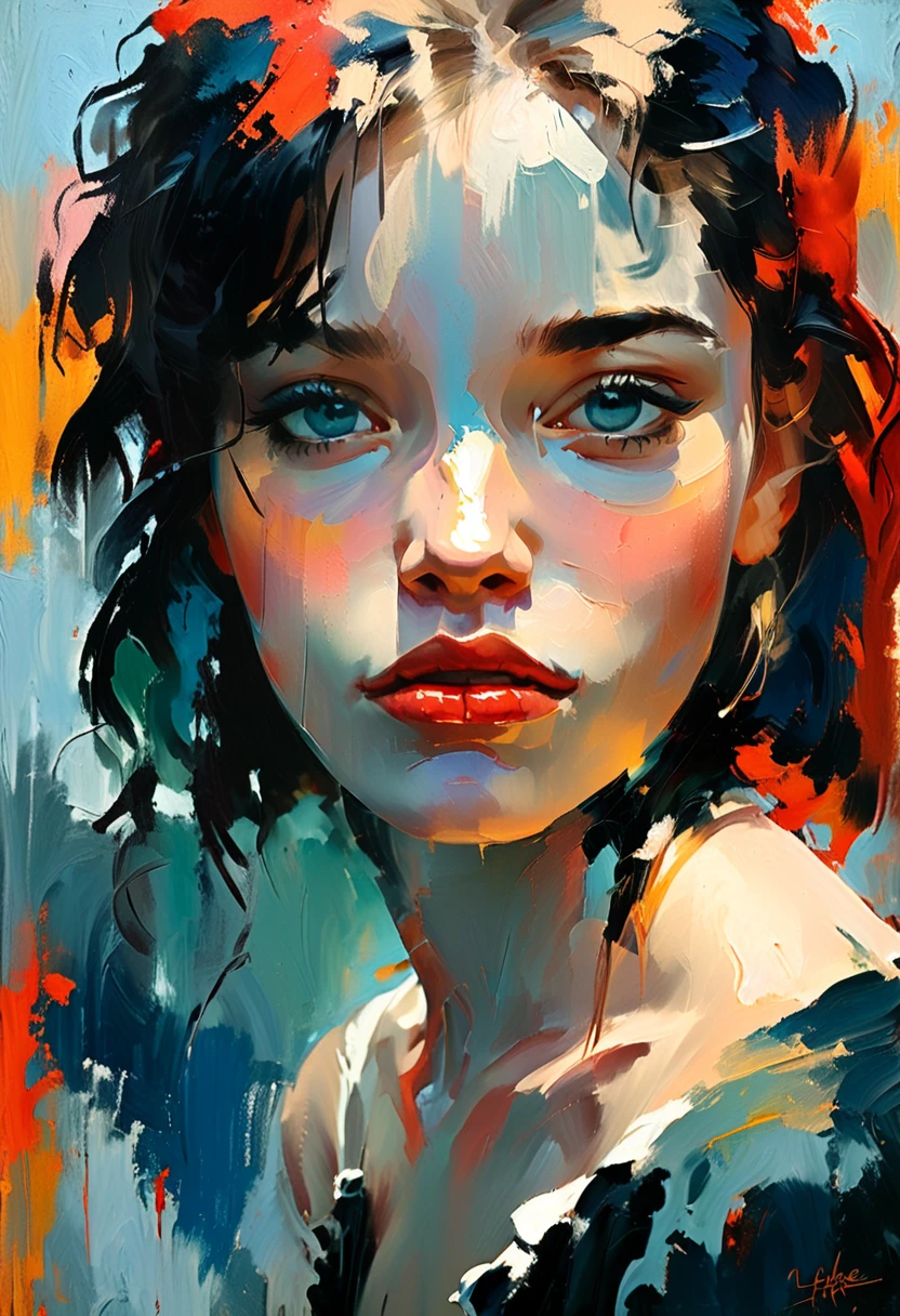 Create an evocative oil painting inspired by Malcolm Liepke, based on the image provided. Capture the intense, introspective expression of the young subject using thick, expressive brushstrokes and a palette of muted colors. Highlight the emotional depth and vulnerability in the subject's gaze, emphasizing the play of light and shadow on their face. Keep it simple, background