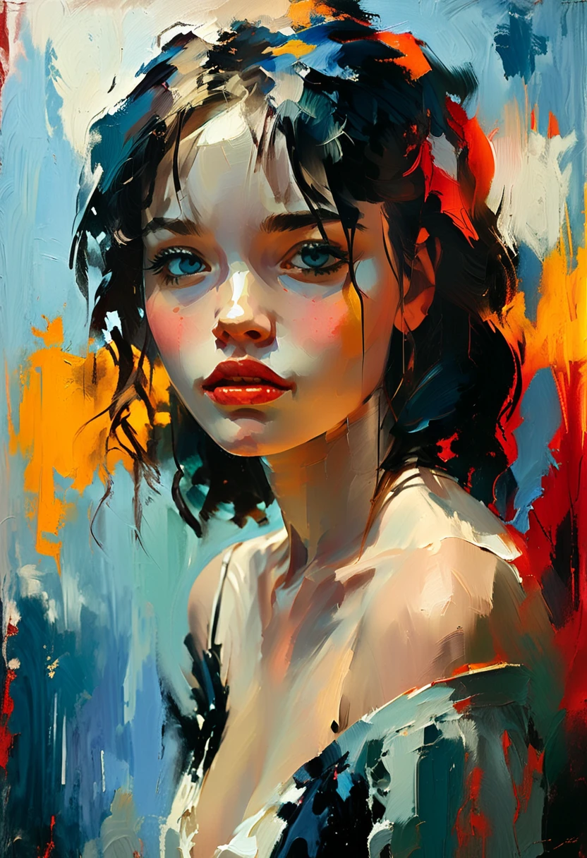 Create an evocative oil painting inspired by Malcolm Liepke, based on the image provided. Capture the intense, introspective expression of the young subject using thick, expressive brushstrokes and a palette of muted colors. Highlight the emotional depth and vulnerability in the subject's gaze, emphasizing the play of light and shadow on their face. Keep it simple, background
