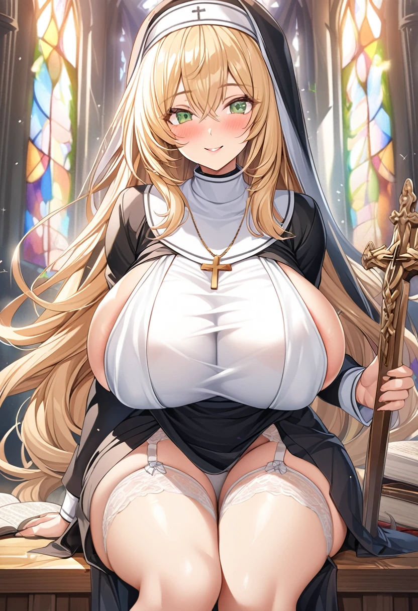 masterpiece, Highest quality, Official Art, Highly detailed CG Unity 8k wallpaper, Detailed Background, (Handcrafted by Guido Daniele), (Finger details), Mature Girl 1, (Curvy), (Nuns), (Bible in hand, A book with a cross on the cover:1.12), (standing in church), (Nuns gown:1.12), (Chest Curtain:1.4), (Nuns skirt:1.11), (White Garter Straps Garter Belt:1.12), (Blonde long hair:1.12), (Hair Intake:1.12), (Green Eyes:1.2), blush, (Loving smile, holy smile), (Huge breasts:1.5), (Long chest, Saggy breasts:1.3), (Let go of my chest), Tight waist, Shiny skin, (Cross Necklace), indoor, (Sacred Scene), (church:1.11), (Sunlight streaming through stained glass),(((sagging breasts))),milf,nun,sideboob,underboob,breast focus、((Sit back、Sit with your legs apart))、Bow-legged、(thigh focus:1.3)、Monastic Clothes