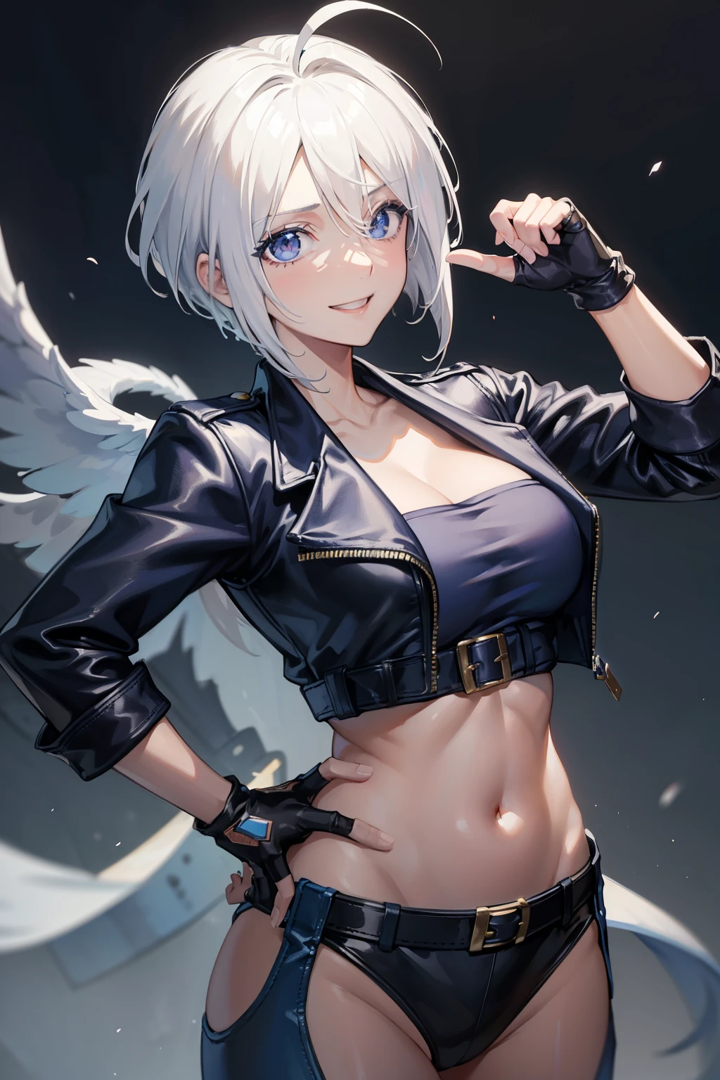 (masterpiece), best quality, expressive eyes, perfect face, highres, 1girl, solo, angelms, white hair, jacket, ahoge, fingerless gloves, midriff, hands to hips, leaning forward, smiling, fanstasy background, particles, magic, standing,cowboy shot, looking at the viewer, from front