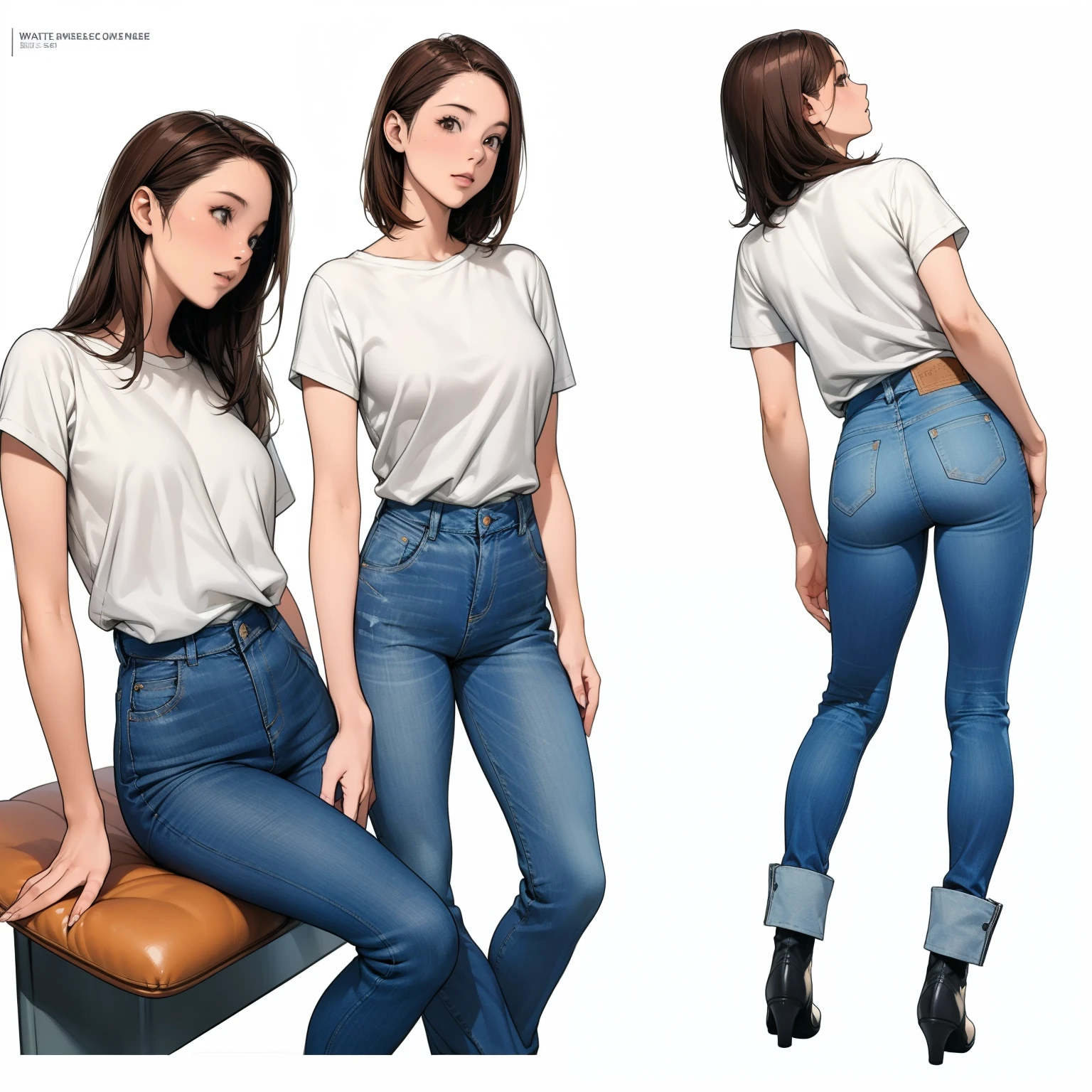 Detailed character sheet, Front view, Side view, Diagonal view, with a white returnground, show women, 30 years old, with short dark brown hair combed return, Wearing light casual clothing, Wearing tight denim jeans. The seat includes different angles, Front etc., return, and Side views, Model sheets and reference sheets, Full-body painting. Proportions are based on a 7.5 head scale.