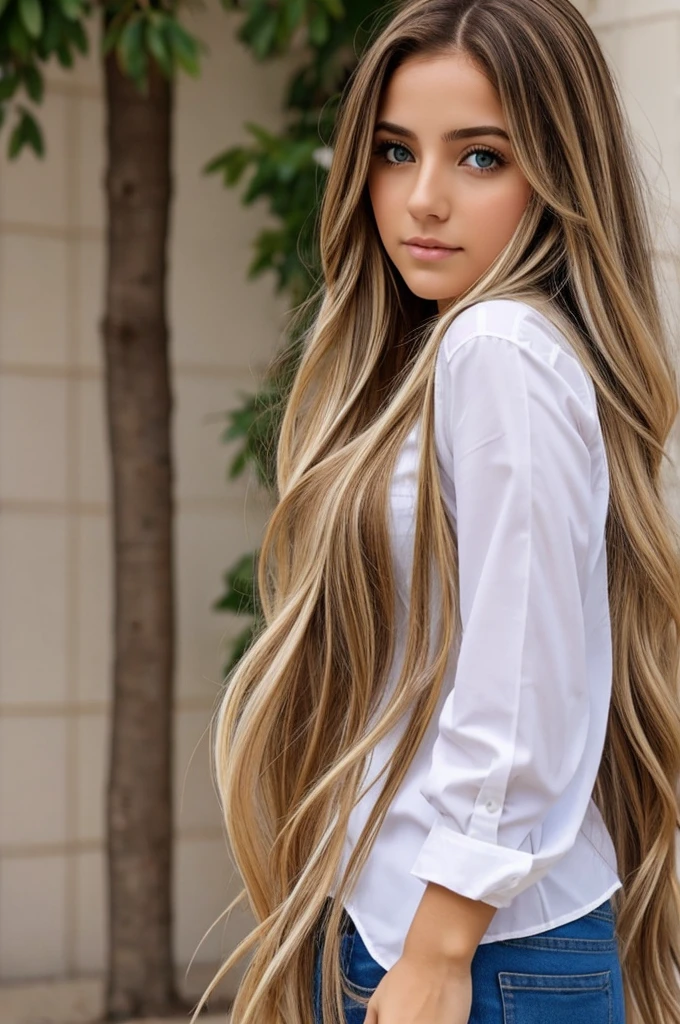 Una mujer de cabello largo y rubia de ojos claros con ropa escolar.