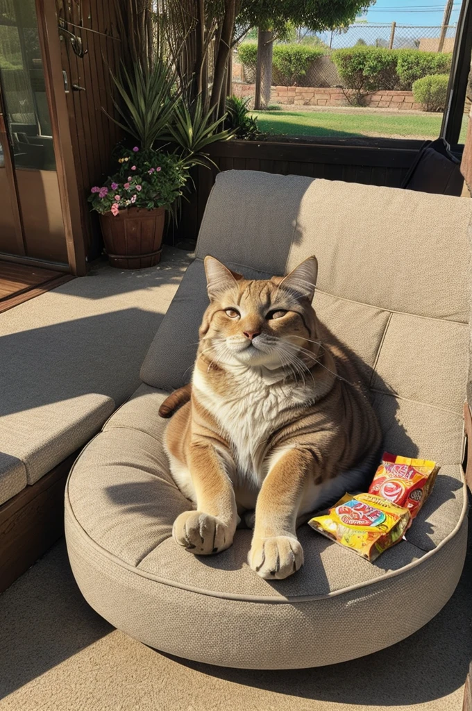 Visual: Show Whiskers lounging in the sun, with a slightly overweight appearance. He's surrounded by his favorite treats and looking content but a bit sluggish.